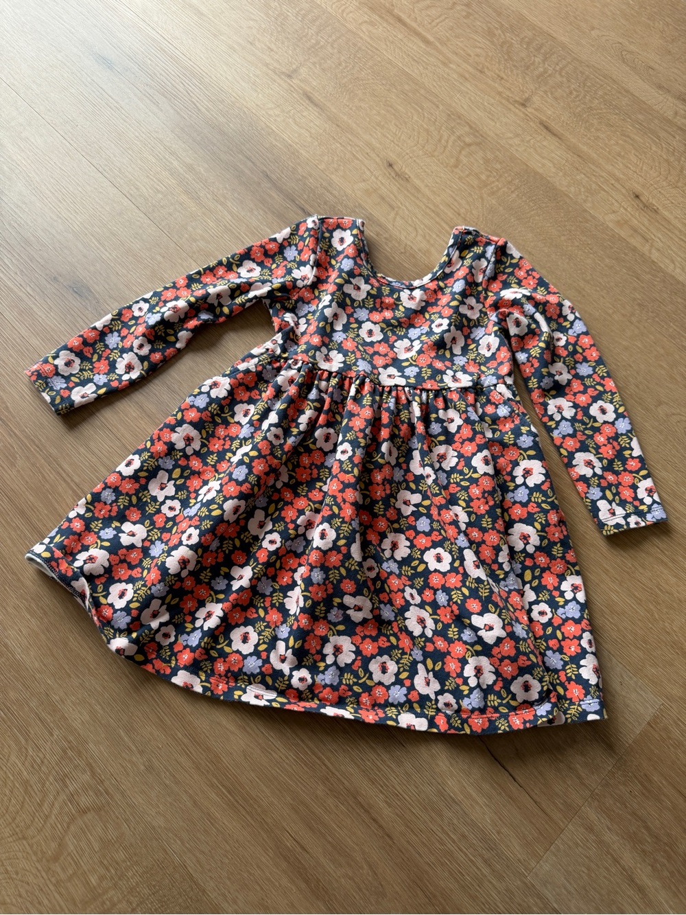 Girls Floral Long-Sleeve Dress - Navy & Coral